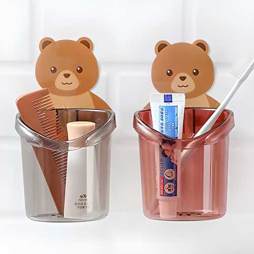 Wall Mounted Self-Adhesive Teddy Bear Toothbrush Holder (Pack of 2)