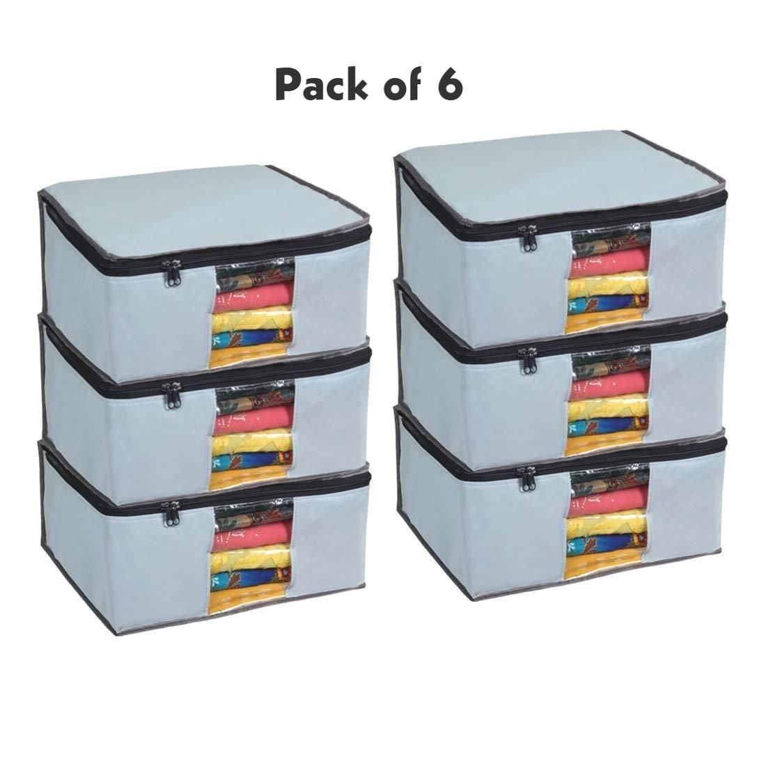 Solid Non-Woven Saree Cover for Wardrobe – Grey Storage Organizer (Pack of 6)