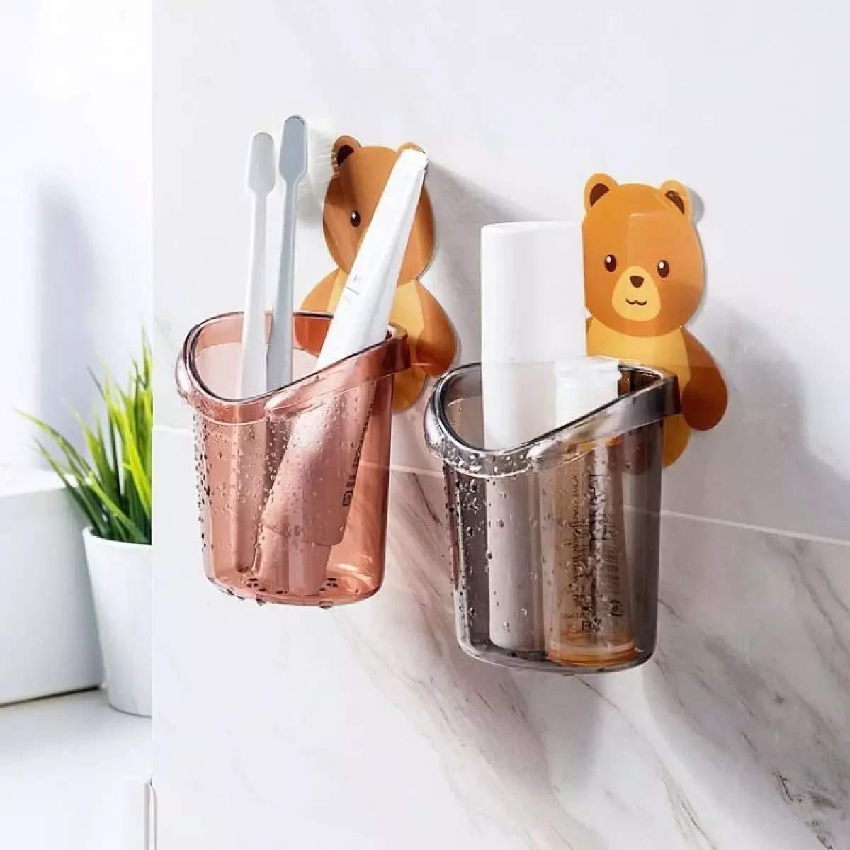 Wall Mounted Self-Adhesive Teddy Bear Toothbrush Holder (Pack of 2)
