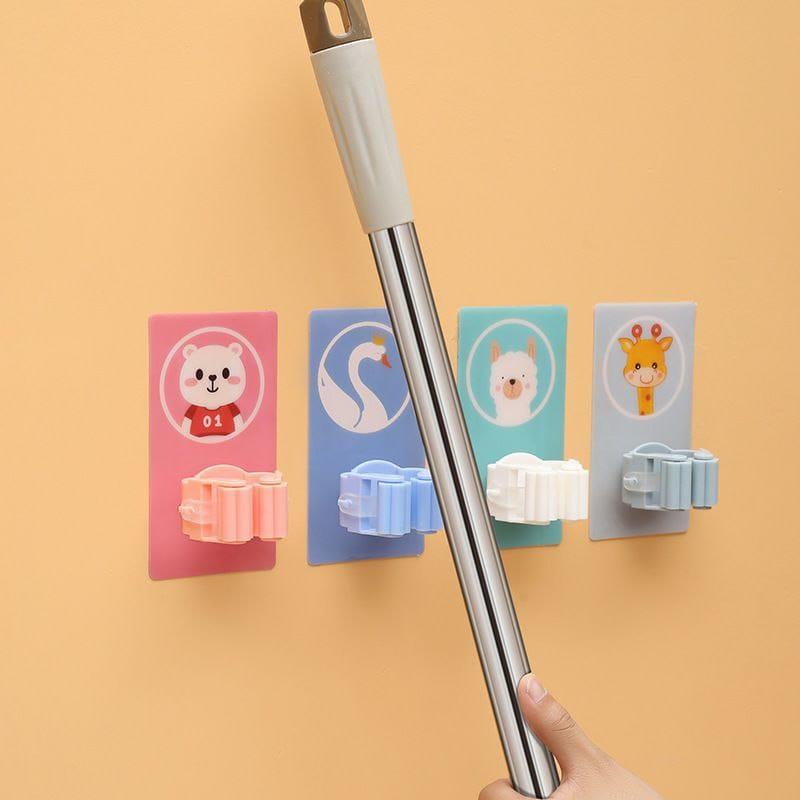 Wall Mounted Cartoon Mop & Broom Holder – Self Adhesive Organizer (Pack of 3)