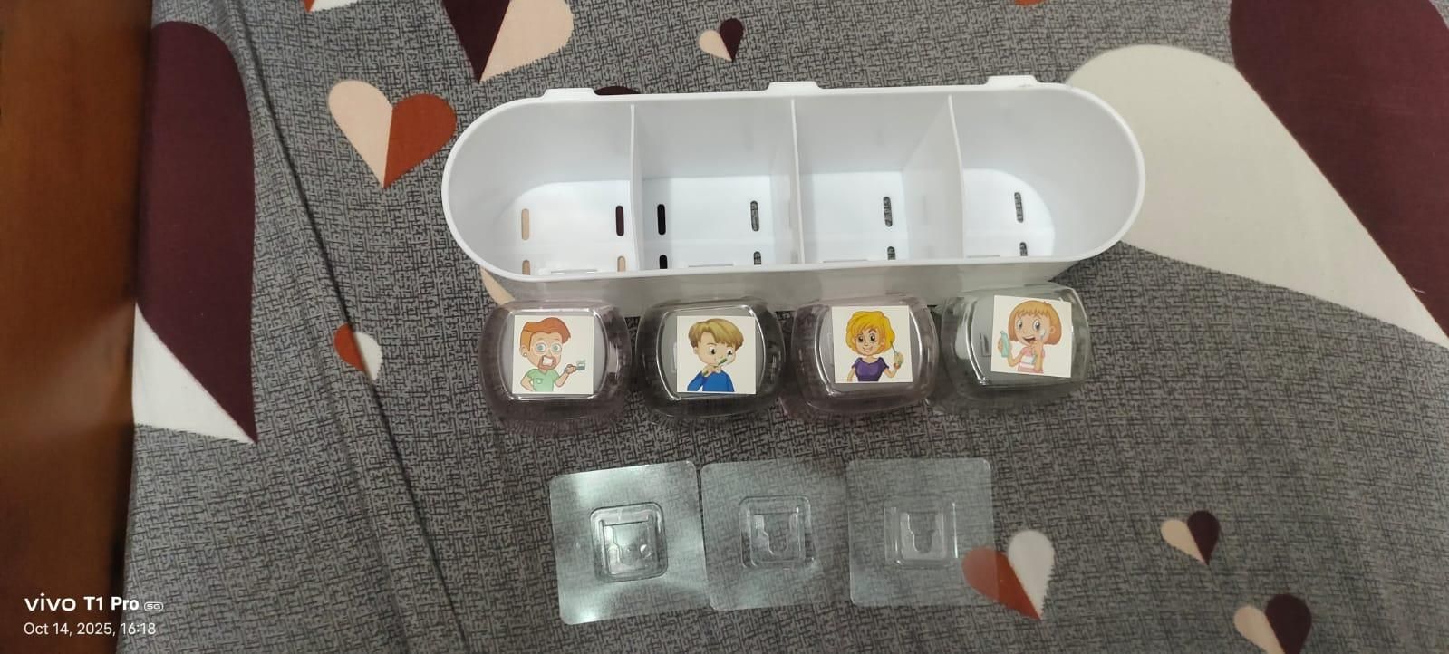 Plastic Toothbrush Holder Wall Mounted with 8 Brush Slots & 4 Cartoon Cups