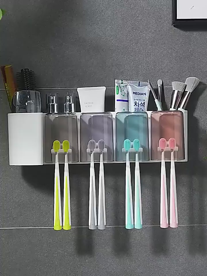 Plastic Toothbrush Holder Wall Mounted with 8 Brush Slots & 4 Cartoon Cups